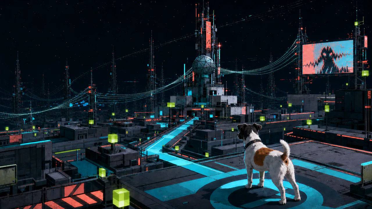 The world of The First Signal: a dog looks towards a station with glowing connections