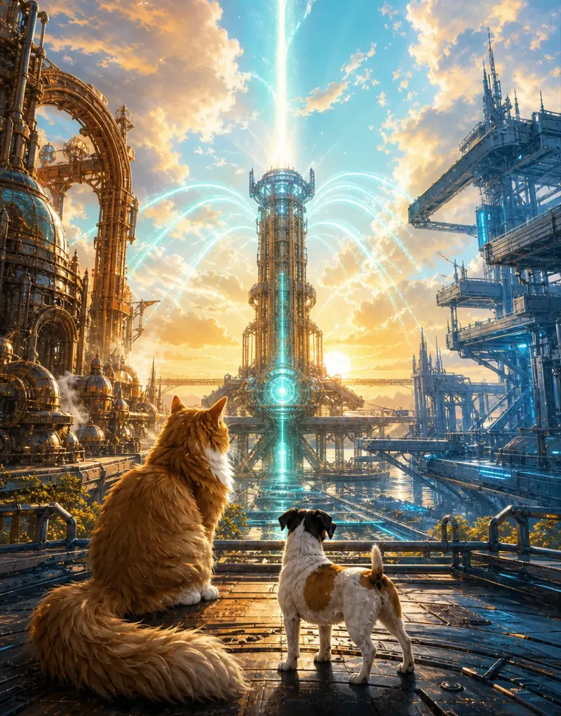 A cat and a dog look towards the RELAY tower in a sunny city above the clouds